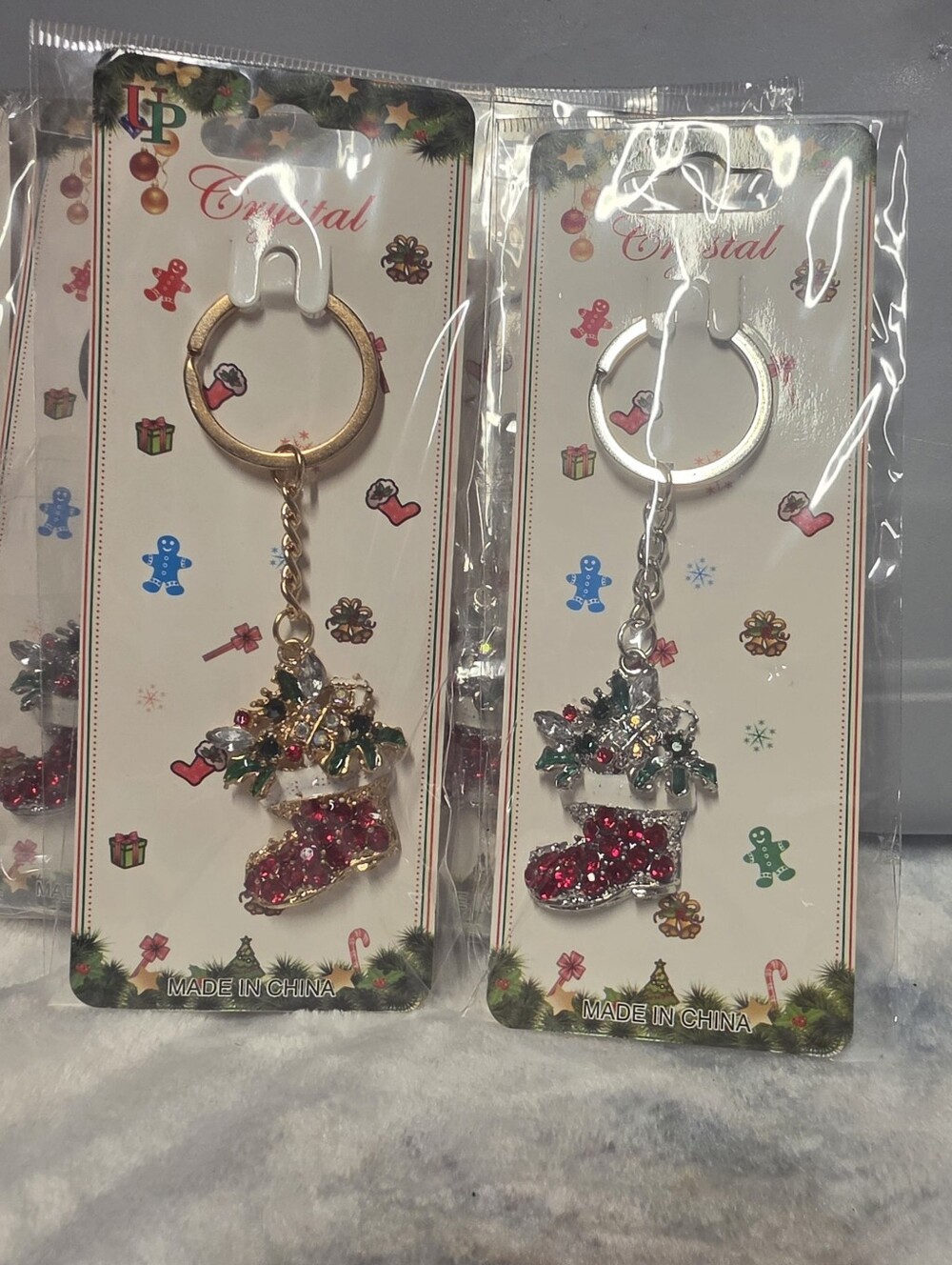 12 Festive Crystal Christmas Stocking Keychain -  (6) Goldtone & (6)Silvertone